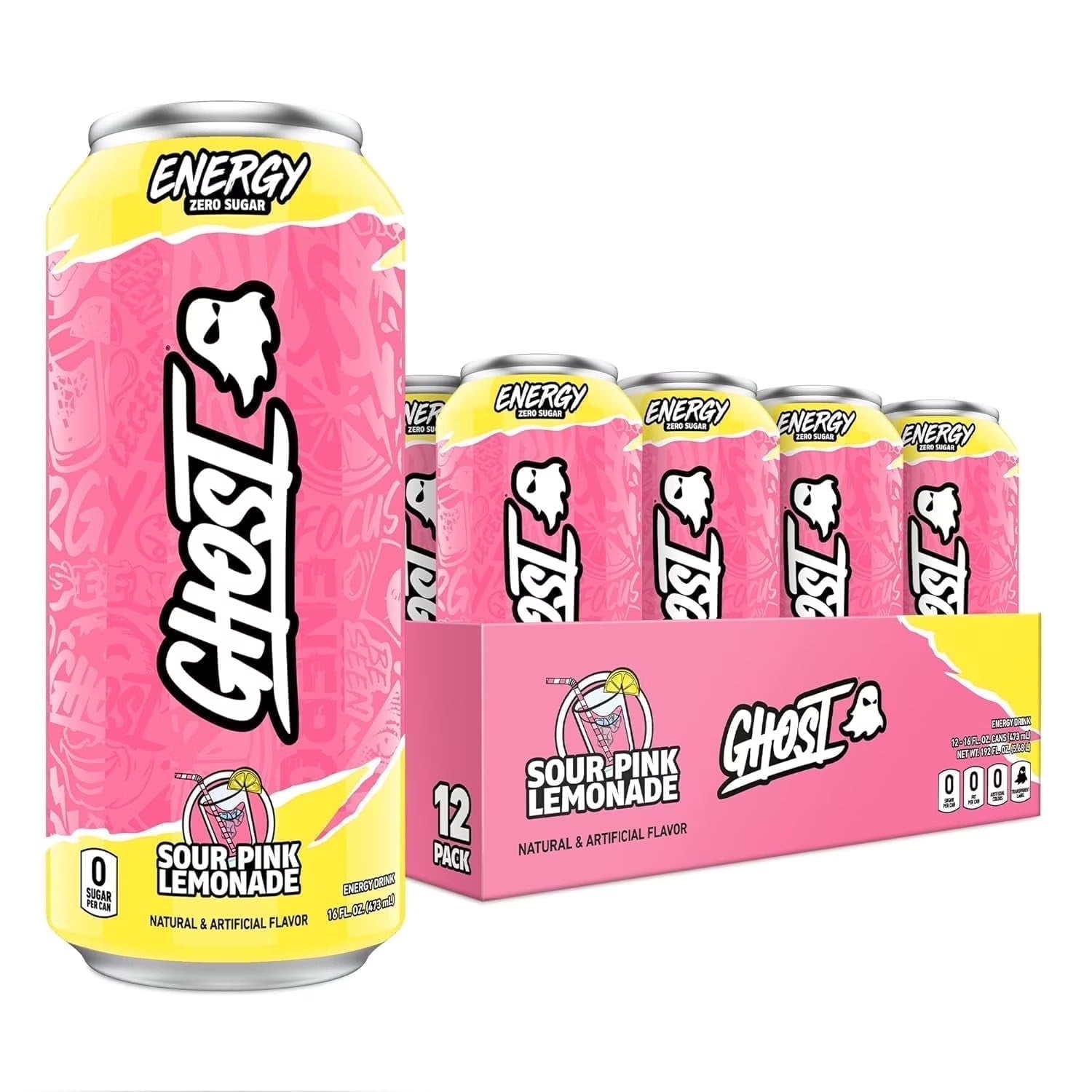 Zero Sugar Energy Drink, Sour Pink Lemonade, 16 Oz Can, 12 Pk