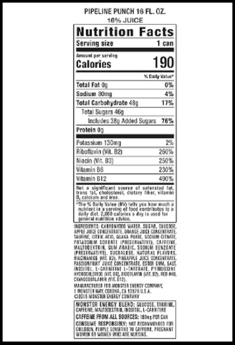 (15 Pack) Monster Pipeline Fruit Punch Sports Drink, Energy + Juice, 16 Fl Oz