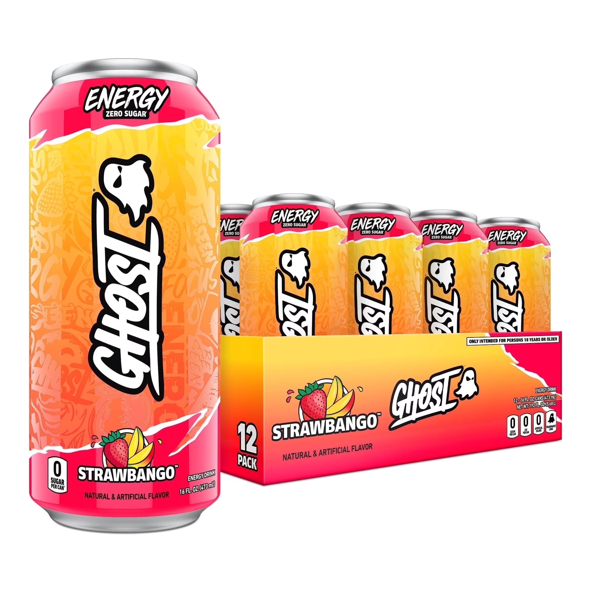 Zero Sugar Energy Drink, Strawbango, 16 Oz Can, 12 Pk